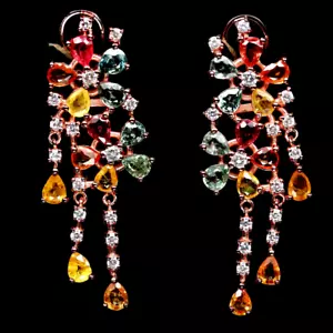 NATURAL MULTI COLOR SAPPHIRE EARRINGS W/WHITE CZ .925 STERLING STERLING 14K RGP - Picture 1 of 3