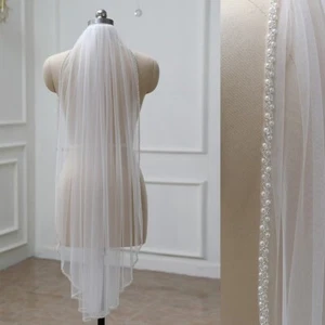 Pearls wedding beaded veil fingertip length for bride - Picture 1 of 4