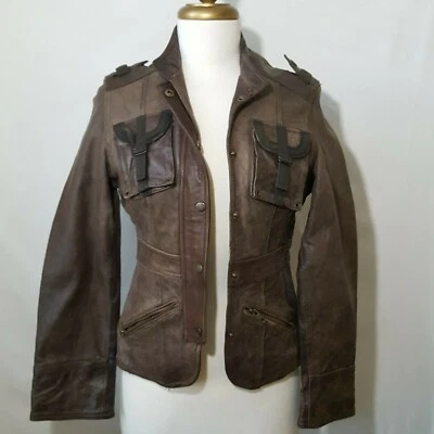 Wilsons Leather Biker Jacket Women Small Brown Bomber Snap Distressed - Image 1 of 4