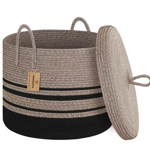 Extra Large Woven Basket With Lid 18" X 14" Wicker Blanket Storage Basket Living - Picture 1 of 6