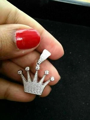 3Ct Round Lab Created Diamond Queen Crown Pendant 14K Gold Plated Free Chain - Image 1 of 4