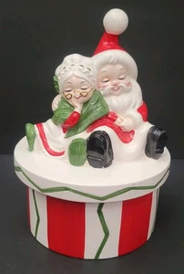 Vintage MCM LEFTON Santa & Mrs. Claus Lidded Candy Dish/Small Cookie Jar w/Label - Picture 1 of 7