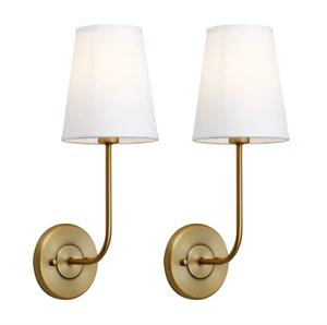 Pathson Set 2 Vintage Wall Sconces White Fabric Shade Bedroom Living Room Lights - Picture 1 of 7