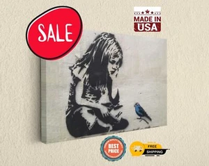 Banksy Girl With Blue Bird - Canvas Ready-To-Hang Wall Art Canvas Print - Picture 1 of 8