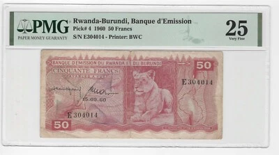 1960 RWANDA-BURUNDI 50 FRANCS P4 PMG VERY FINE 25 RARE GRADED PM125-17 - Image 1 of 2