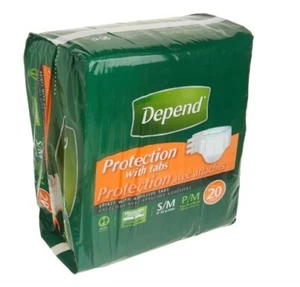 DEPEND PROTECTION WITH TABS UNISEX ADULT DIAPERS - SMALL/MEDIUM - 20 CT PACK - Picture 1 of 1
