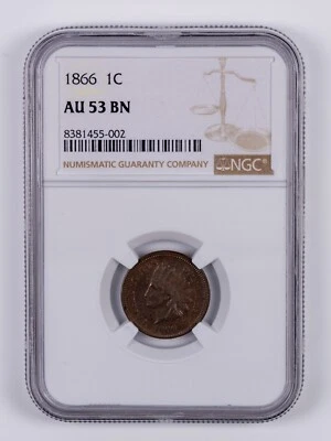 1866 Indian Head Cent Penny NGC AU53 BN RB002 - Image 1 of 2