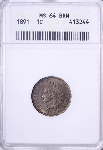 BU 1891 Indian Head Cent Penny ANACS MS64 BN Nice Surfaces Soap Box Holder TCNY Cover