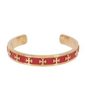 NWT Tory Burch Enamel Raised Logo Stacked T Cuff Bracelet Red Volcano/Tory Gold - Picture 1 of 11