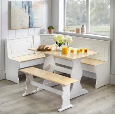 3 pc White Wood Top Breakfast Nook Dining Set Corner Booth Bench Kitchen Table - Image 1 of 4