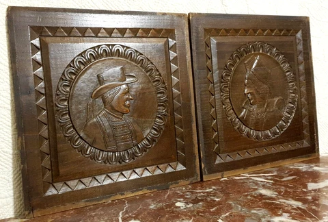 2 Britany breton face wood carving panel - Antique french architectural salvage Cover