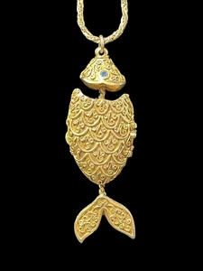 Vtg Max Factor Gold Tone Fish Perfume Locket Necklace 34" Twisted Rope Chain - Picture 1 of 7