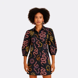 Farm Rio Printed Mini Shirtdress XS Artsy Snakes Black Cotton Snap Ballon Sleev - Bild 1 von 6
