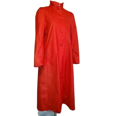 VTG 80s Red Duster Midi Length Trench Coat w High Pleated Collar Pleated Cuffs S - Image 1 of 4