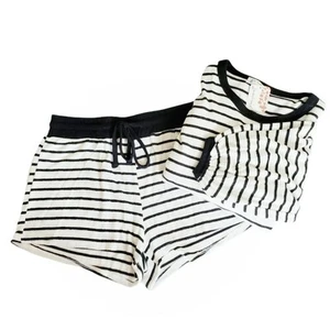 FREE PEOPLE Movement striped knit lounge pajama shorts top set ivory black S NEW - Picture 1 of 5