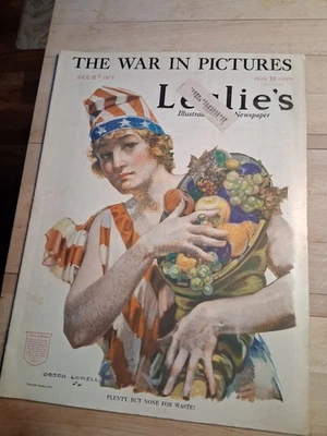 DEC 8 1917 LESLIE'S NEWSPAPER MAGAZINE  LADY LIBERTY COVER FRUIT BASKET #1 - Image 1 of 2