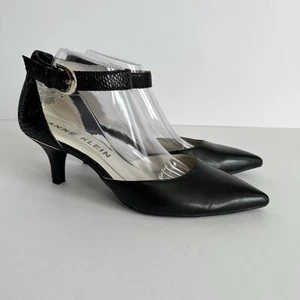 Anne Klein Black Pointed Toe Kitten Heel Pump Faux Snake Skin Ankle Strap Sz 10 - Picture 1 of 9