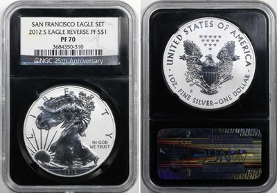 2012-S Reverse Proof PF70 NGC Silver Eagle 75th Anniv Black Retro Core PR - Image 1 of 3