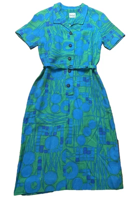 Vintage 1960s Pencil Dress Sanford Originals SS Green Blue Woven Print Sz S - Image 1 of 4