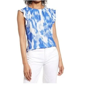 Halogen Women's Ruffle Short Sleeve Top in Blue Ivory Brush 2X MSRP $49 - Picture 1 of 3