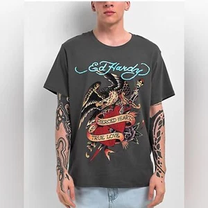 T-shirt maglietta uomo Ed Hardy strass grigio aquila manica corta cuori traforati M - Foto 1 di 11