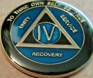 Teal Blue AA Alcoholics Anonymous 4 Year Medallion Black Gold Token Coin Chip - Picture 1 of 7