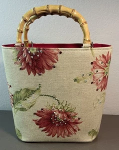 1990’s Collins of Texas Inspired Canvas Tote Bag Purse "Floral" Jeweled Bamboo - Picture 1 of 19