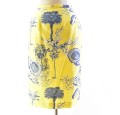 Falda Lápiz Años 90 Harvé Benard Amarillo Seda Azul Estampado Palma Tropical S Foto 1 de 4