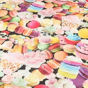 Macaroons Cupcakes Digital print Canvas Fabric 100% Cotton 58" width per Metre - Picture 1 of 6