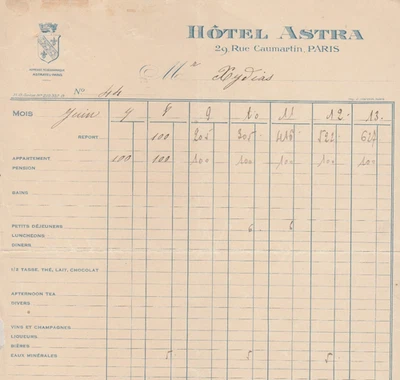 FRANCE Old Rare Letterhead Invoice HOTEL ASTRA- Paris 1950s - Image 1 of 2