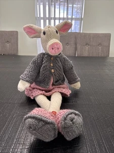 Hand Knitted Sock Piggy Pig In Pink Dress And Grey Sweater Matching Shoes - Picture 1 of 9