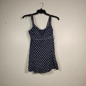 GREAT LENGTHS 1 Piece Swimsuit Womens 10 Navy White Polka Dot Double Strap Skirt - Picture 1 of 11