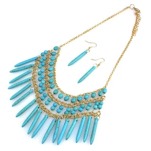 Luxury Retro Classic Women Turquoise Beaded Bib Necklace Earring Set - Picture 1 of 1