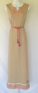 VINTAGE 1980s 90s BECHAMEL MAXI DRESS EMBROIDERED FLOWERS TAN TASSEL BELT MEDIUM - Picture 1 of 12