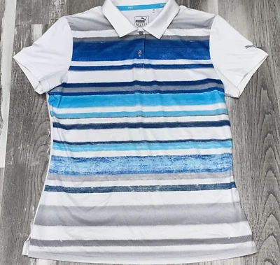 Camisa polo para mujer Puma blanca y azul manga corta a rayas talla M PwrCool Foto 1 de 4