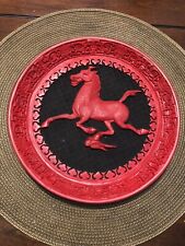 Antique Chinese Red Horse Carved Cinnabar Plate Asian Art Lacquer