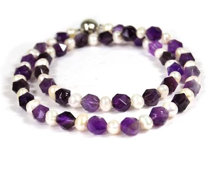 Amethyst und Süßwasserperlen Kette Sechseck im Kreuzschliff Magnetverschluss - Bild 1 von 3