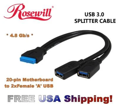 Rosewill USB 3.0 20pin Motherboard Header to Dual Female Ports 8" Splitter Cable - Image 1 of 4