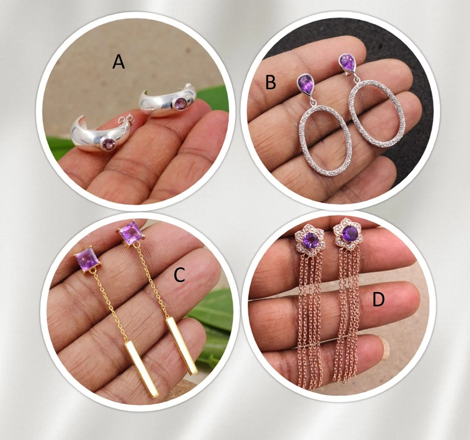 Orecchini in argento con pietre preziose ametista viola pendenti in argento 9... - Immagine 1 di 1