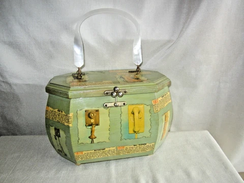 Vtg Telephones Decoupage Wood, Cloth Lined Basket, Octagon Purse Bakelite Handle Cover