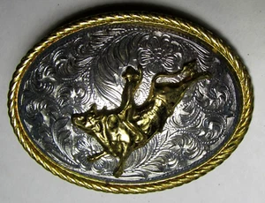 Youth / Boys BULL RIDER BELT BUCKLE Silver Floral Pattern With Gold Rope Edging - Picture 1 of 4