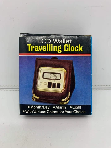 Vintage LCD Wallet Travelling Clock w/ Alarm & Light Hong Kong RARE UNTESTED NEW Cover