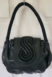 Cheet London Small Black Real Leather Beaded Grab Bag Handbag - Picture 1 of 9
