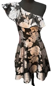 Xscape Dress Women's Size 4 One Shoulder Chiffon Lining Rose Print Black/Purple - Picture 1 of 16
