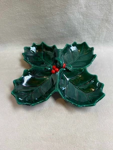 Vintage Lefton Green Holly and Red Berries Sectioned Candy Dish with Handle - Picture 1 of 6