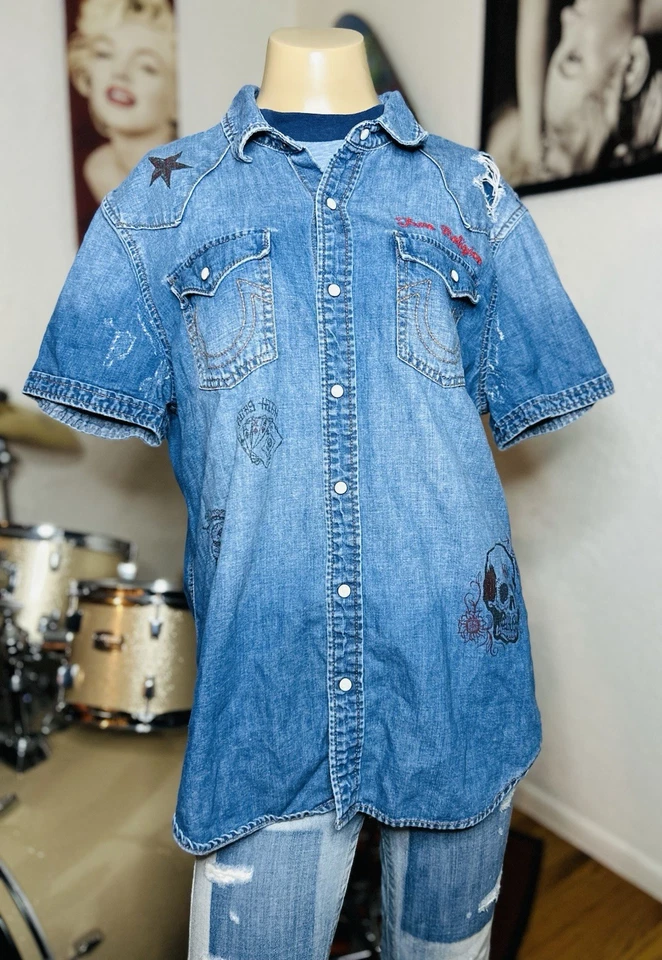 True Religion Graffiti Distressed Denim Button up Shirt Size Large - Image 1 of 4