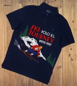 NUEVO Polo Ralph Lauren Azul Marino Esquiador Estampado En Montañas Calce Clásico Polo Talla GRANDE - Imagen 1 de 2