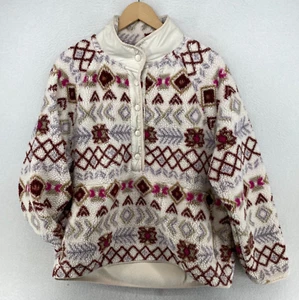 LOU & GREY Jacket L Sherpa Faux Fur Nordic Fair Isle 1/2 Snap Pullover Off White - Picture 1 of 12