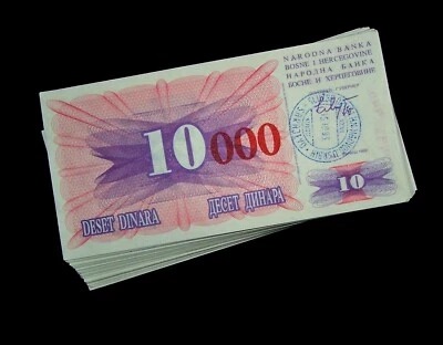 50 pcs BOSNIA 10000 (10,000) DINARA Banknotes P-53f-short red zeros / aUNC - Image 1 of 2