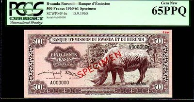 RWANDA P6s “BLACK RHINO” 1960 500 FRANCS PCGS 65PPQ “FINEST KNOWN” EXTREMELY RAR - Image 1 of 4